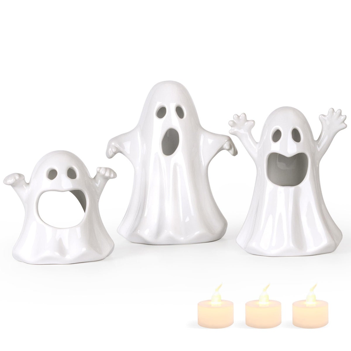 Sunlit Ceramic Ghost with 3 Tea Lights, Spooky Candle Holder Set of 3, Tabletop Indoor Halloween Decorations for Holiday Party Home, Spooky Sculptures Ghost Figurines, White