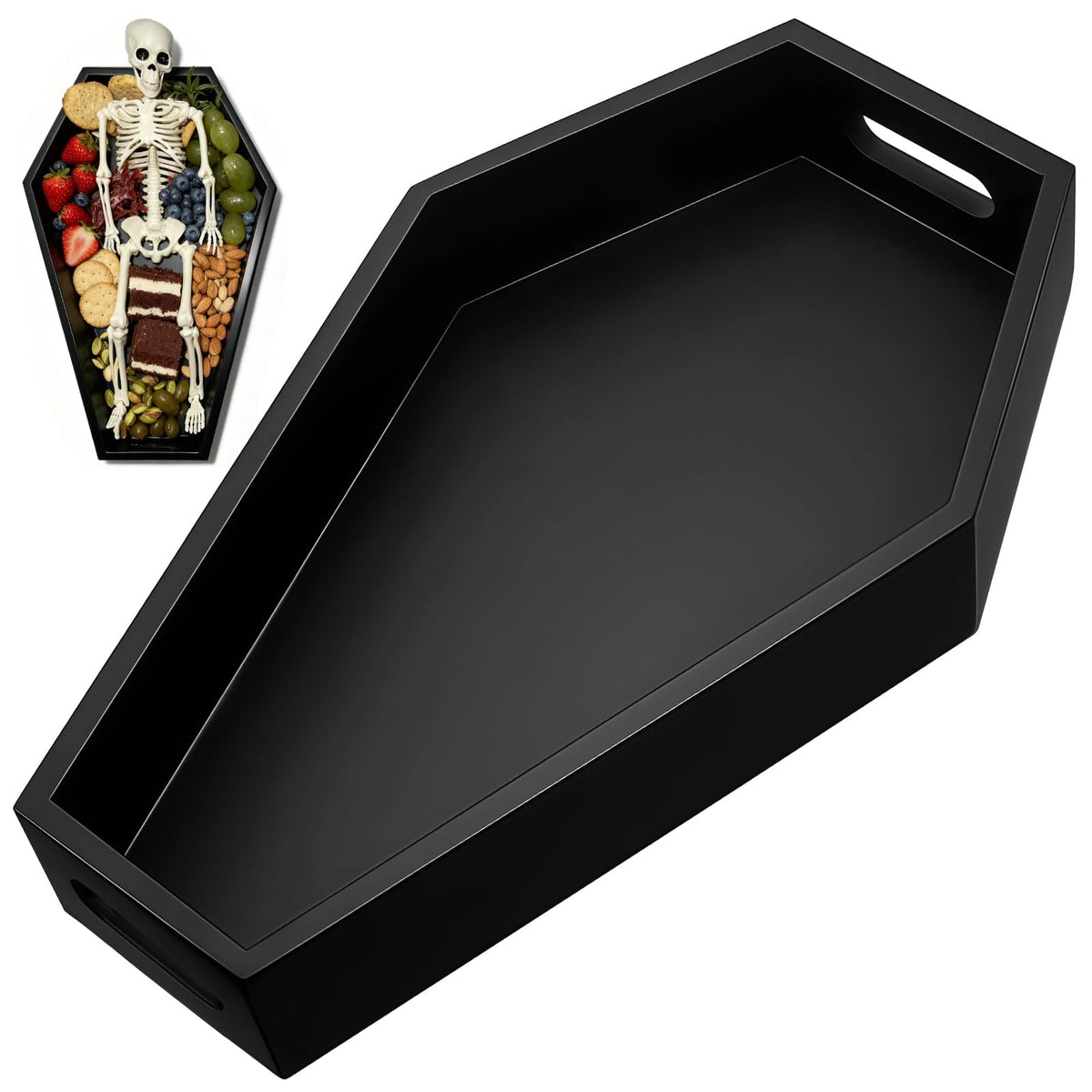 Halloween Coffin Tray, Gothic Coffin Shape Serving Board with Built-in Handles, Black Halloween Spooky Decor, Creepy Wooden Serving Tray for Candy, Snacks, Charcuterie, Jewelry, Makeup