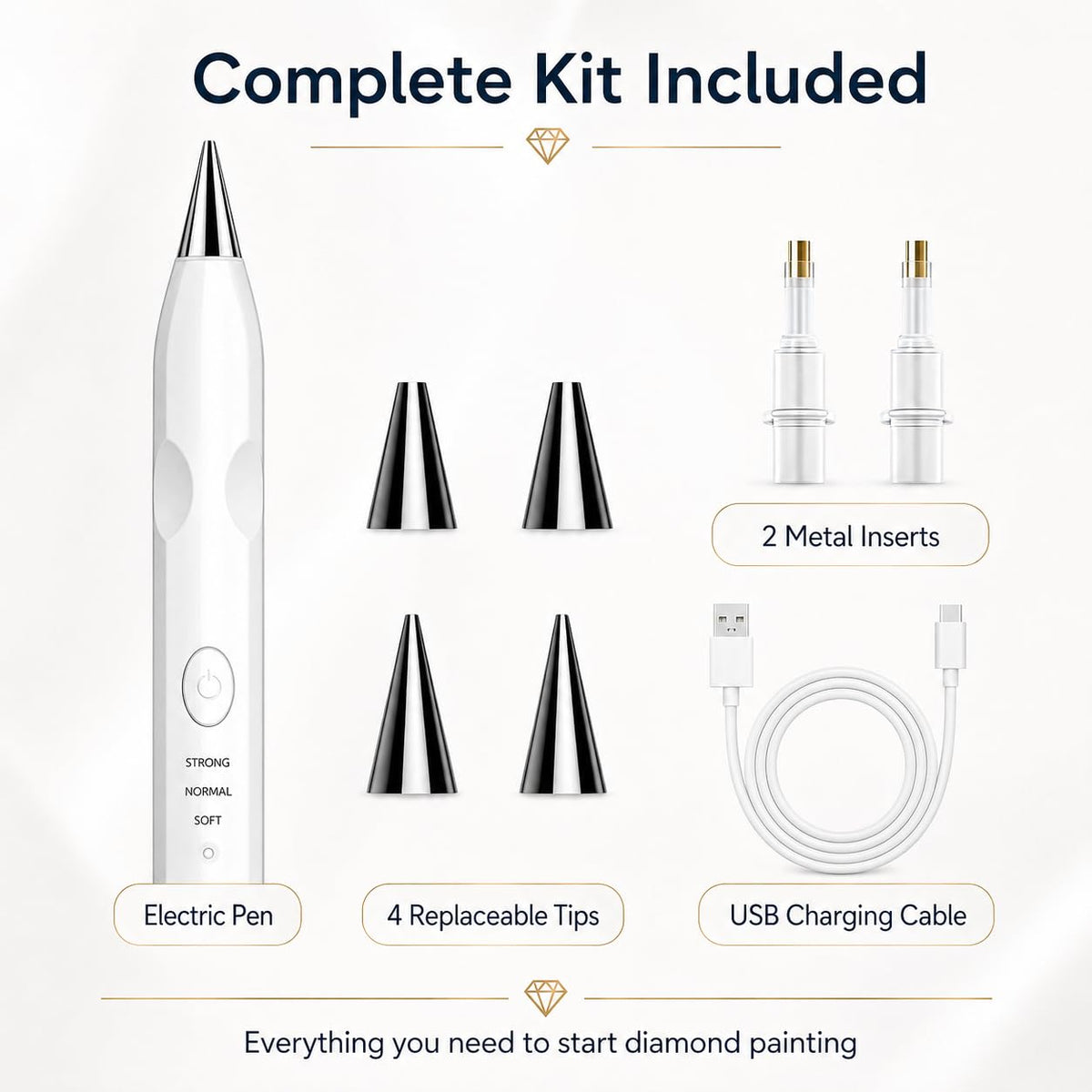 TUCEVSX Electric Diamond Painting Pen Kit, Cordless USB-C Rechargeable Diamond Art Tool with Vacuum Pickup, No Wax, 3 Suction Levels, Interchangeable Tips, Low Noise for DIY Craft Lovers.(White)