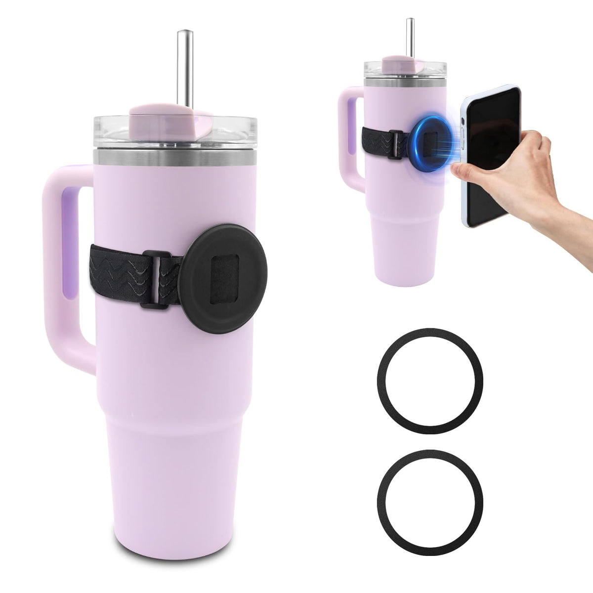 Water Bottle Phone Holder for MagSafe, Magnetic Holder Upgrade Silicone Anti-slip Adjustable Strap for Stanley Cup Gym Accessories, for iPhone & AirPods Owala Simple Modern Water Bottle w/2×Metal Ring
