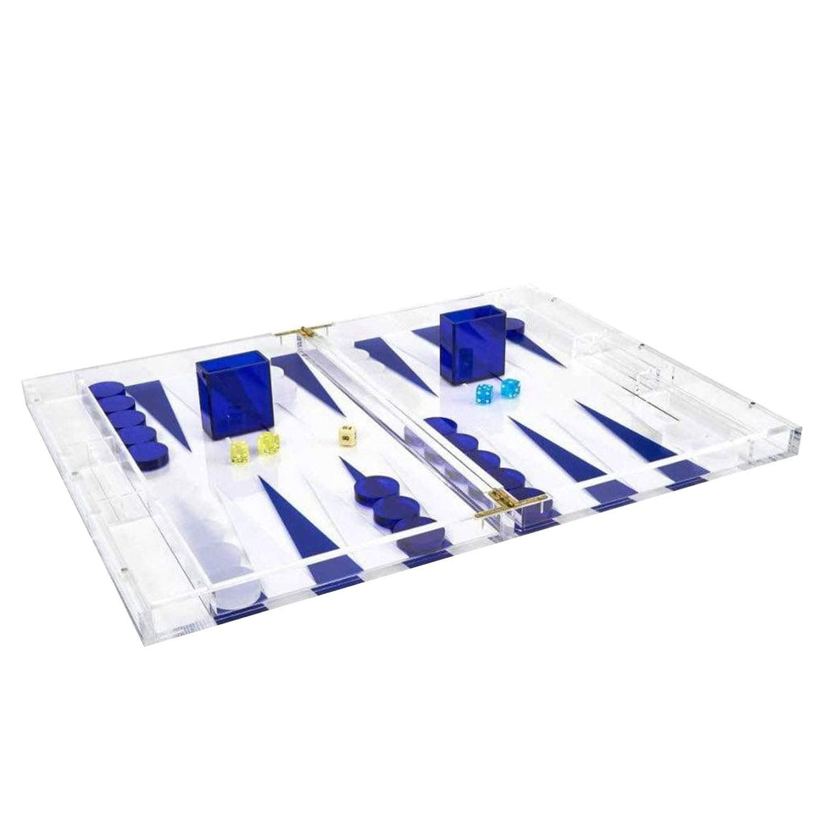TIZO Elegant 18” Lucite Backgammon Set, Lucite Chips & Cups with Magnetic Closure, Elegant & Practical Boutique Quality Home Décor, Clear, Blue & White