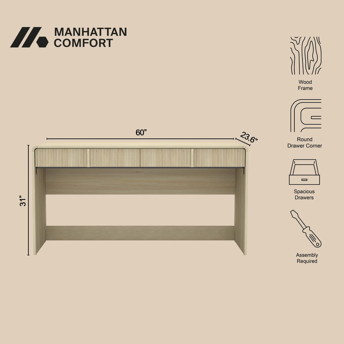 Manhattan Comfort Novara Modern 60" Writing Desk with 2 Smooth-Glide Drawers with Fluted Fronts, Office Desk with Large Work Surface, Stylish Rounded Edges, Whitewashed Oak