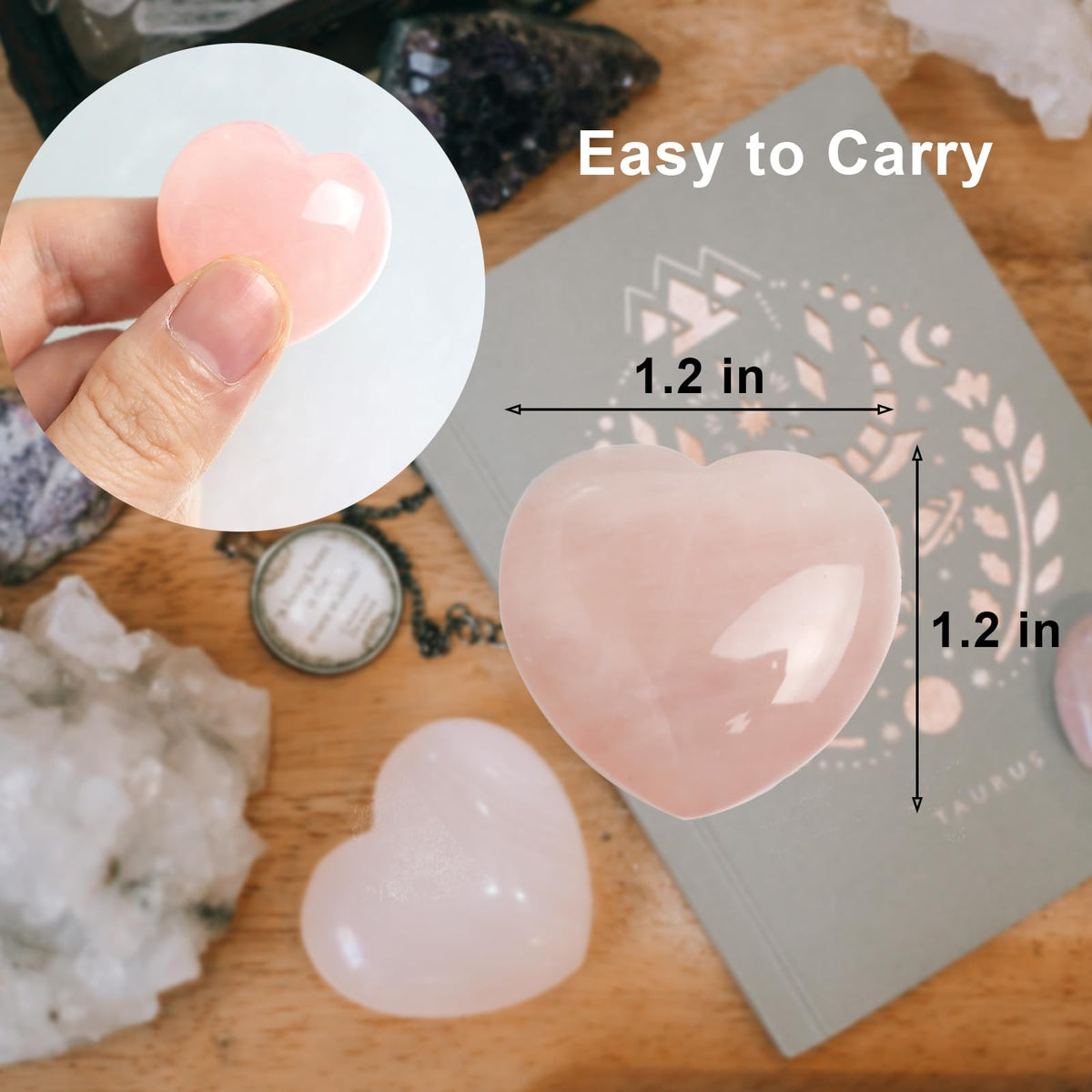 4 Pcs Heart Crystals and Healing Stones, 1.2" Rose Quartz Polished Love Carved Palm Worry Stone, Reiki Anxiety Stone Gift for Stress Meditation (Rose Quartz)