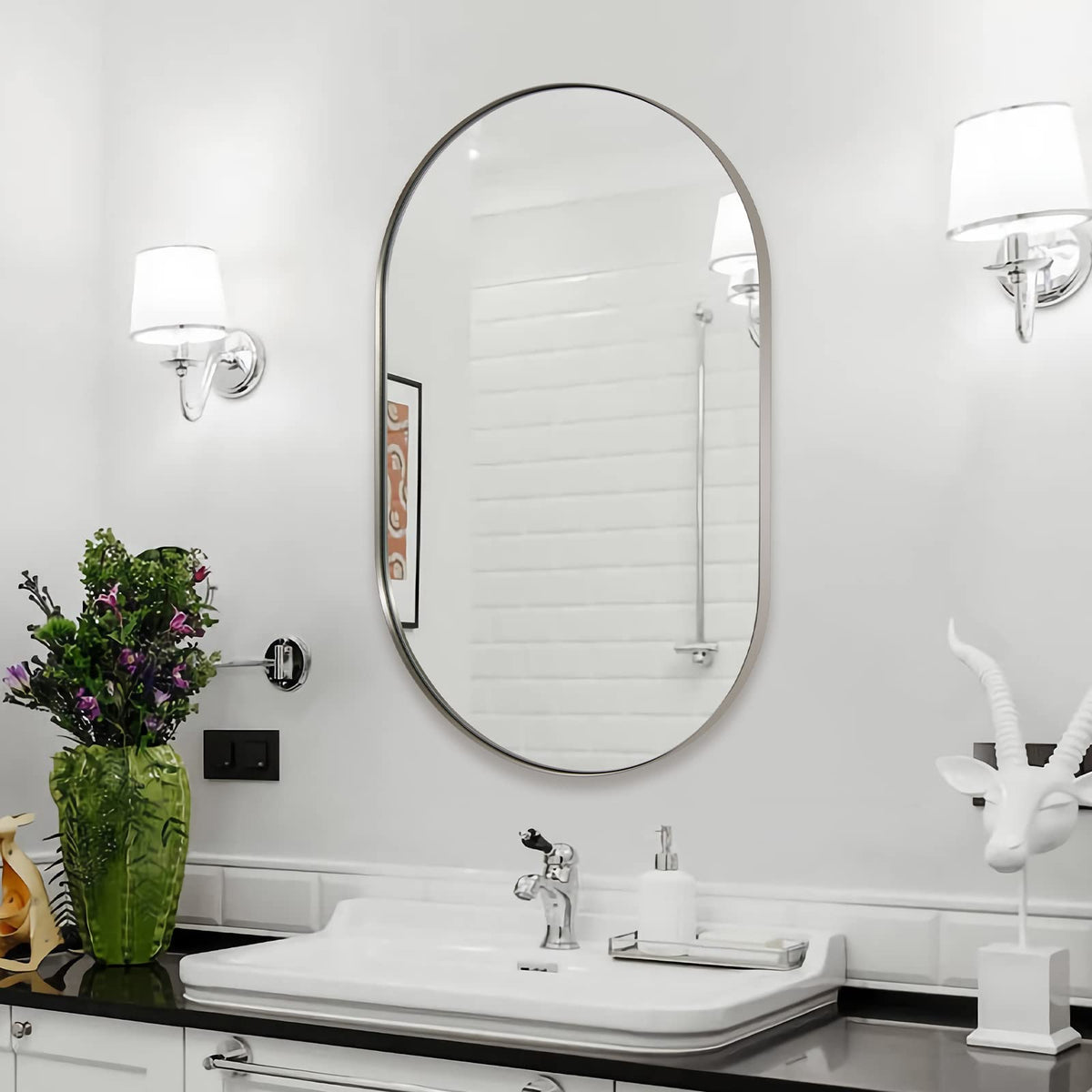 ANDY STAR Chrome Oval Mirror 26x38’’ Pill-Shaped Mirror Chrome Metal Framed for Bathroom Vanity in 1 Inch Stainless Steel Meatl Frame Anti-Rust Wall-Mounted Vertically/Horizontally