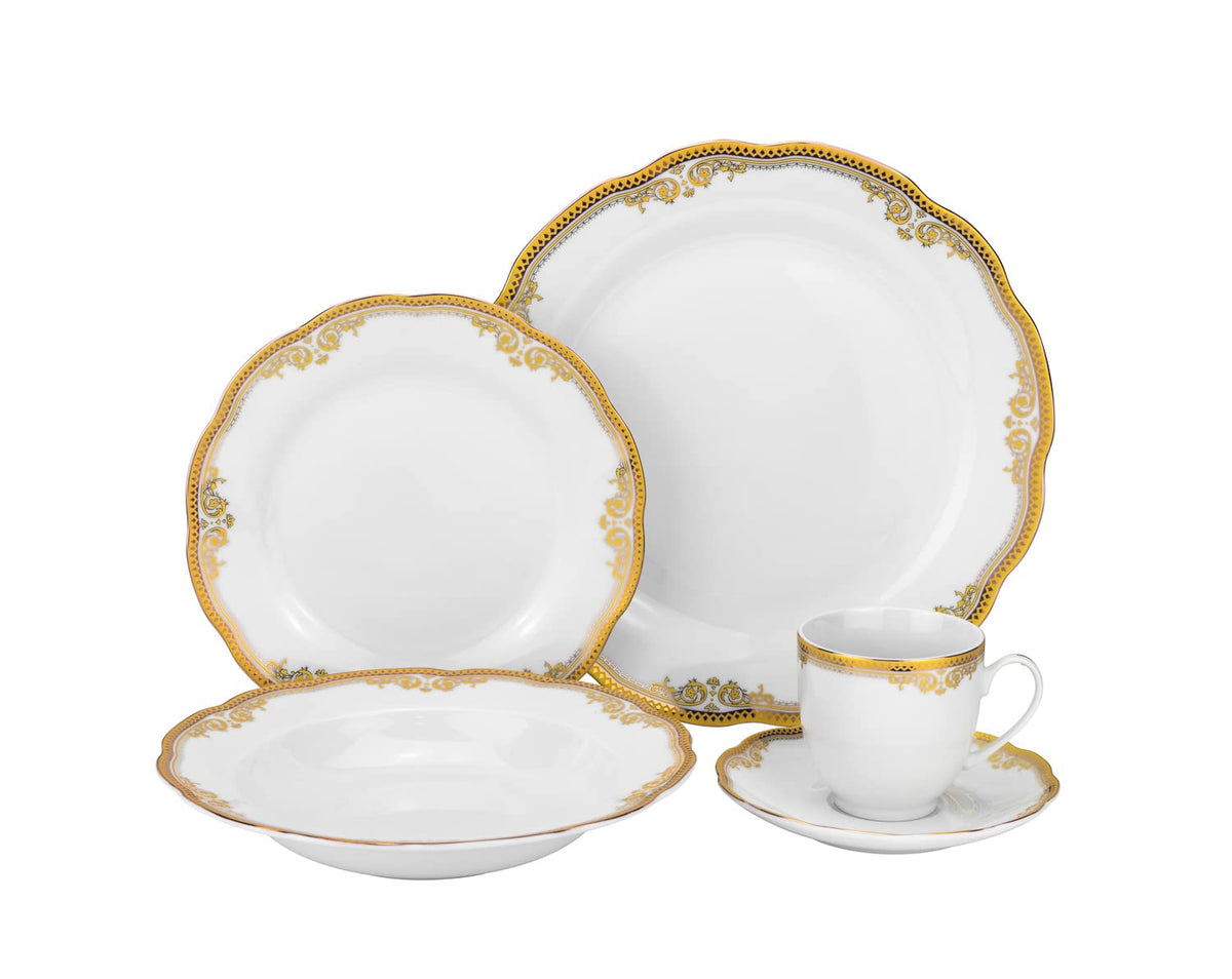 Euro Porcelain 57 piece Banquet Dinnerware Set with Scalloped Edges - Luxury Tableware Dining Service for 8