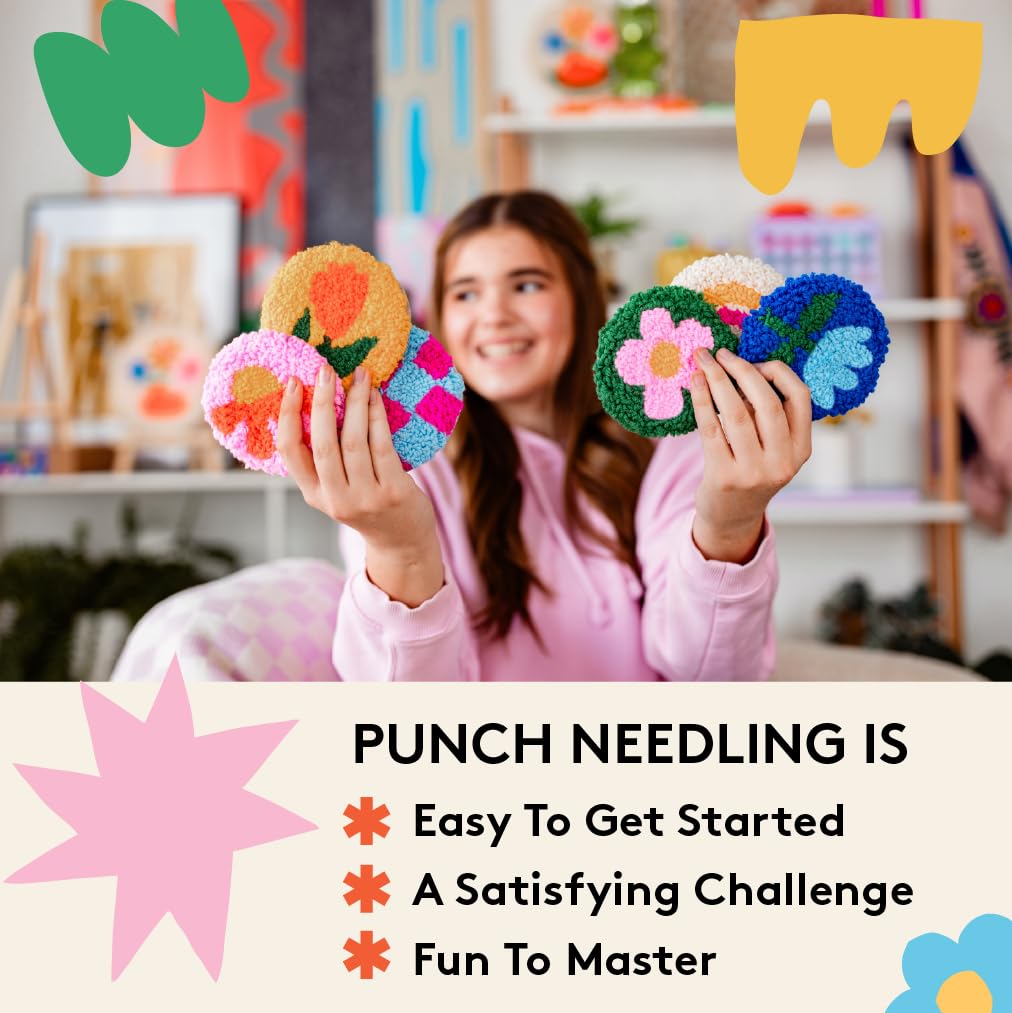 SPINNY Punch Needle Kit, Set of 6 Coasters, Includes Beginner Video Tutorials and Instructions, Beginner Punch Stitch for Adults, Mug Rug Punch Needle Kit,