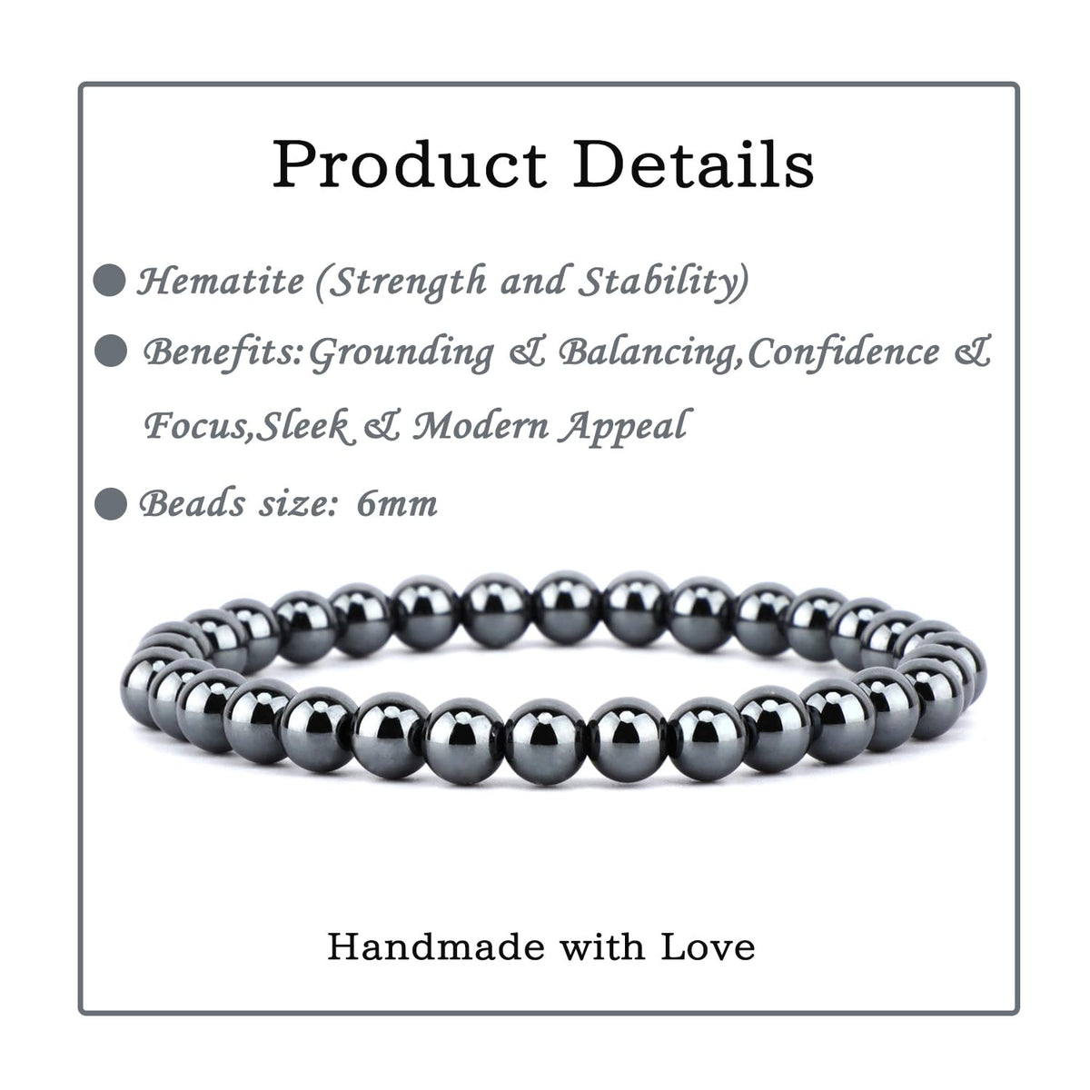 Bymitel 6mm Hematite - Handmade Reiki Gemstone Stretch Bracelet, Natural Beauty & Spiritual Essence, Crystal Healing for Unisex Adults