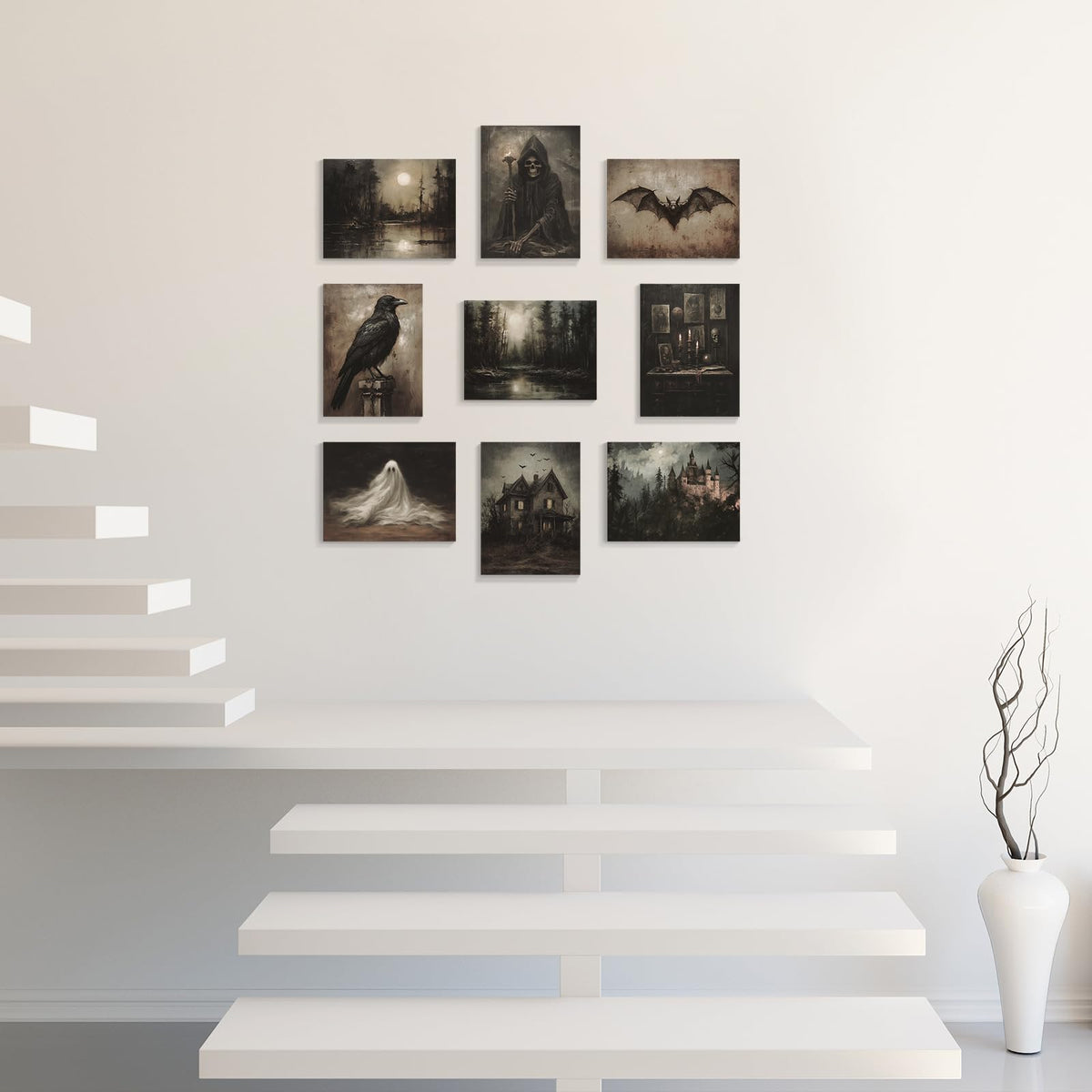 abrtolpffo Halloween Wall Art Halloween prints 9 Pieces 8x10in Dark Academia Wall Decor, Spooky Ghost Witch Raven Bat Haunted House Pictures, Dark and Moody Forest Landscape Art Gothic Decor