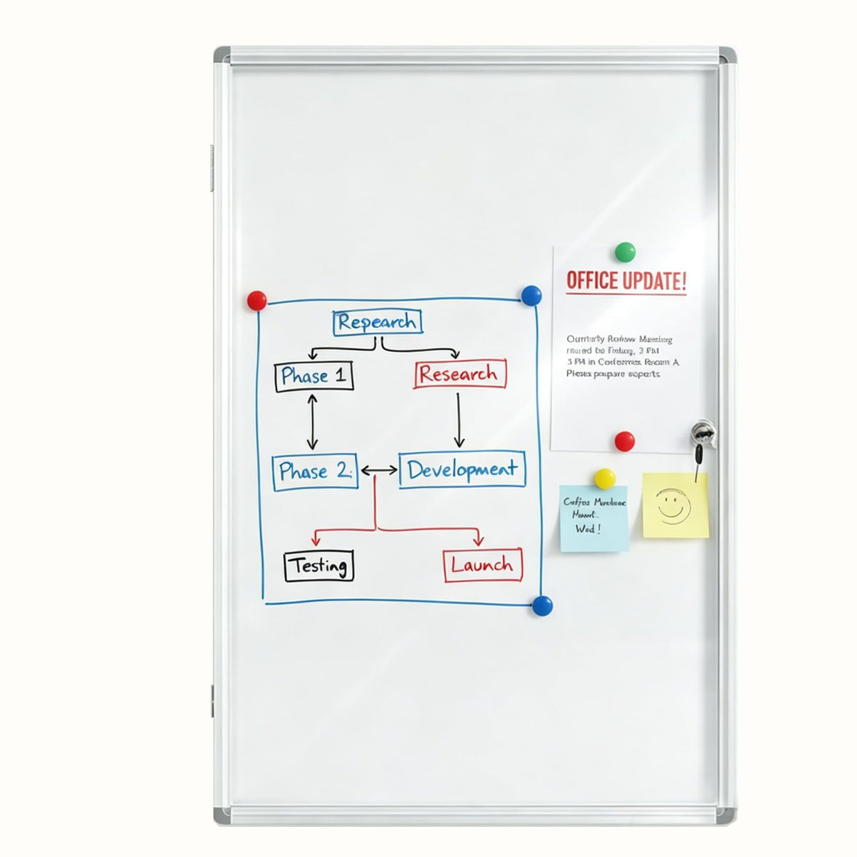 Enclosed Lockable Dry Erase Board 36x24 Inches - Magnetic White Board with Acrylic Door & Keys - Silver Aluminum Frame Notice Board Wall Mount Display Case for School, Office & Community