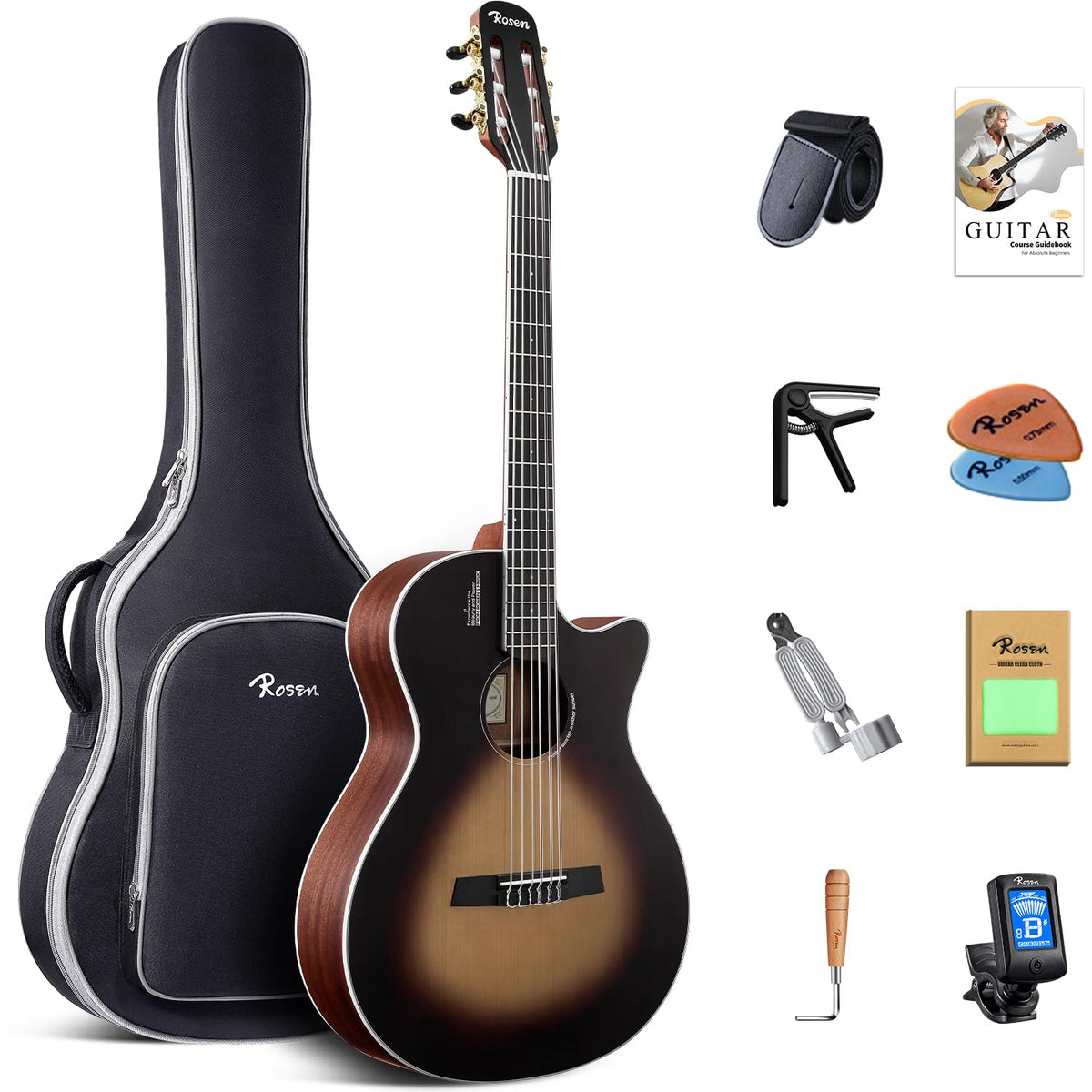 Rosen V1 Hybrid Acoustic Guitar for Beginners Adults Patented Body with Solid Spruce Top & Soft Touch Strings Thin Neck & Open Pore Matte 40 Inch,Black