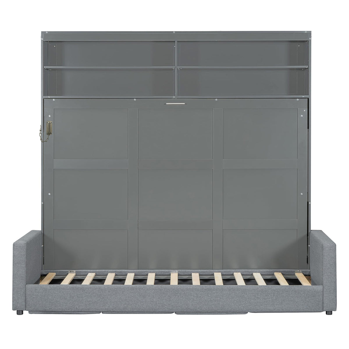 Merax Queen Size Murphy Cabinet Bed with Sofa, Wood Folding Murphy Bed with Open Shelves, Space-Saving Wall Bed for Guest Room and Home Office
