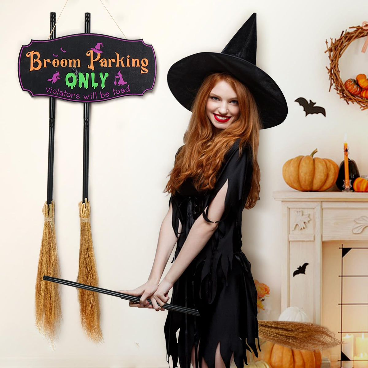 Bnesi Halloween Creative Wall Decorations, Broom Parking Sign with 3 Removable and Placeable Witches Brooms, Outdoor Front Porch or Indoor Living Room Wall Halloween Decoration (Halloween)