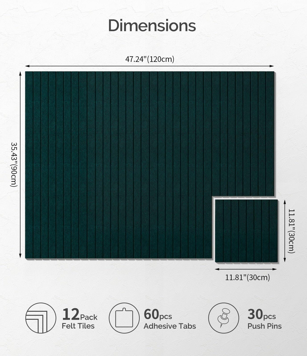 Bounmer Large Cork Board Alternative 48“ x 36”, 12-Pack Felt Bulletin Board Tiles with 60 Safe Removable Adhesive Tabs & 30 Pushpins, Cork Boards for Office Walls Decor (Pine Green)