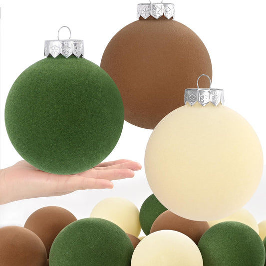 Waipfaru 15 Pcs(3.9 In/100 mm) Velvet Christmas Ornaments Balls Set, Brown Green Neutral Christmas Tree Ornaments, Flocked Xmas Tree Balls for Xmas Holiday Party Decorations