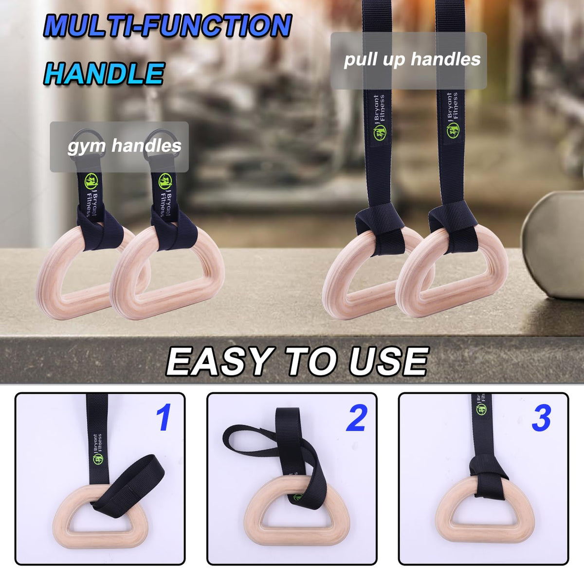 J Bryant Fitness Wooden Gymnastic Rings - Pull Up Grips & LAT Pull Down Gym Handles Design, Sturdy Webbing Straps with D-Rings, Pilates, Strength Training, and Portable Fitness - Includes Carry Bag