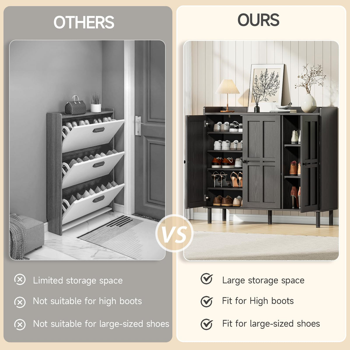 ONBRILL Shoe Cabinet with 3 Doors and Adjustable Shelves, 30 Pairs Shoe Storage Cabinet, 40 Inch Tall Farmhouse Shoe Rack Shoe Organizer Cabinet for Entryway Living Room Closet, Black