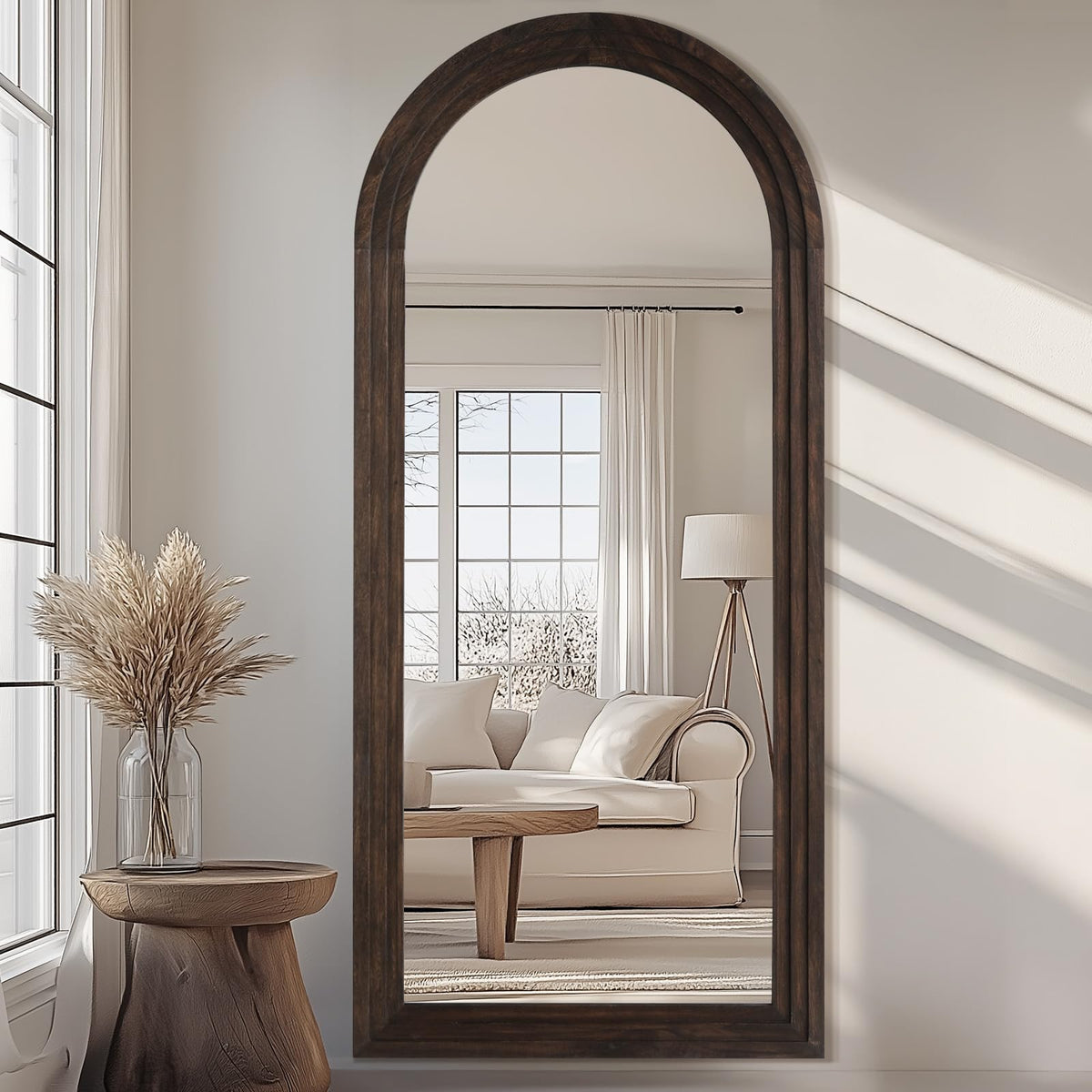 MELOMOIR Arched Full Length Mirror with Solid Wood Frame, 71"x32" Rustic Farmhouse Large Floor Mirror with Stand, Free Standing Leaning Hanging, for Bedroom Living Room Dressing Room Entryway, Brown