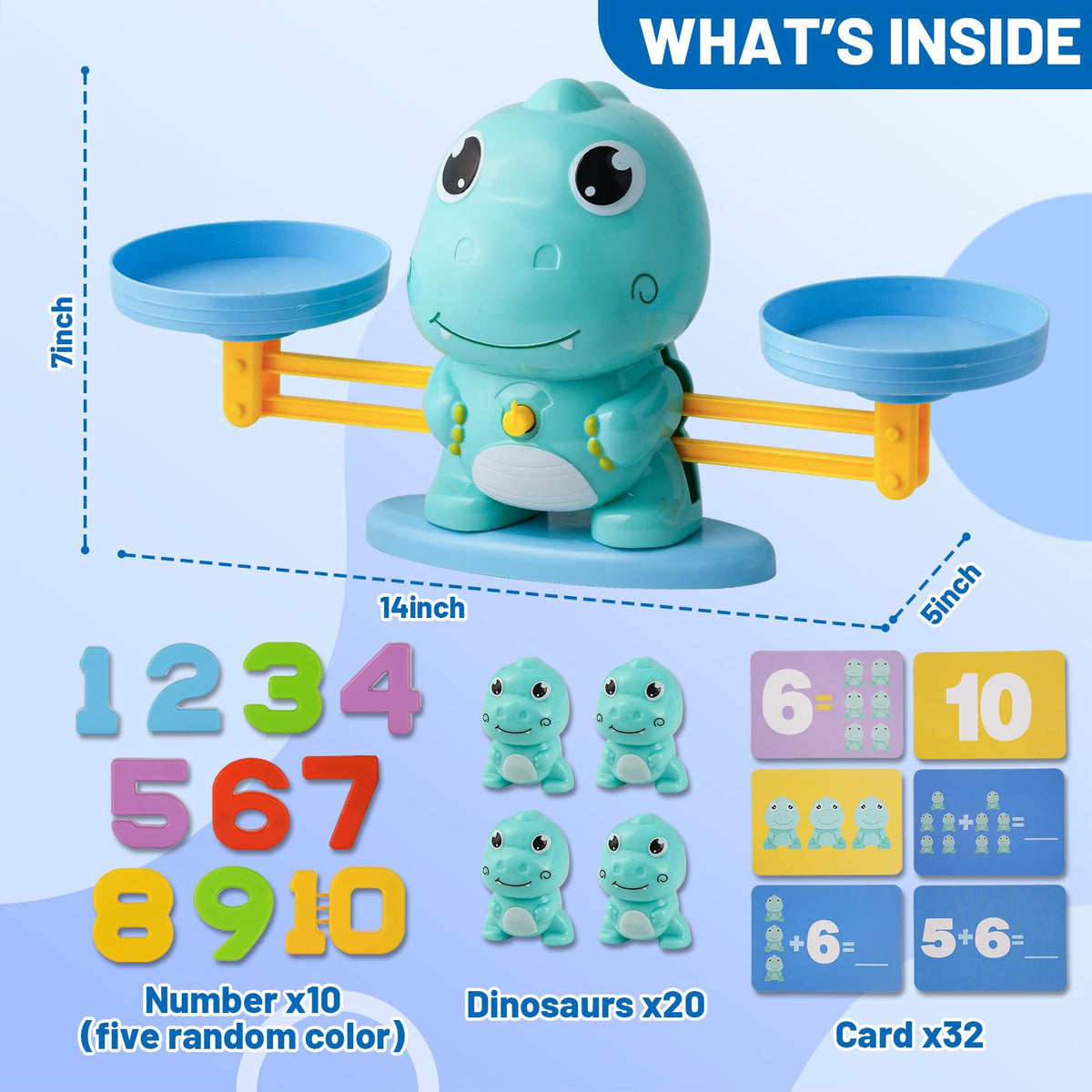 ISMETACU Dinosaur Math Balance Toy for Kids Ages 3-7, Montessori Number Blocks Learning & Educational Dinosaur Toys for Kids 3-5 and Math Games for Kids 5-7,Ideal Gift for Kids (Basic Blue)