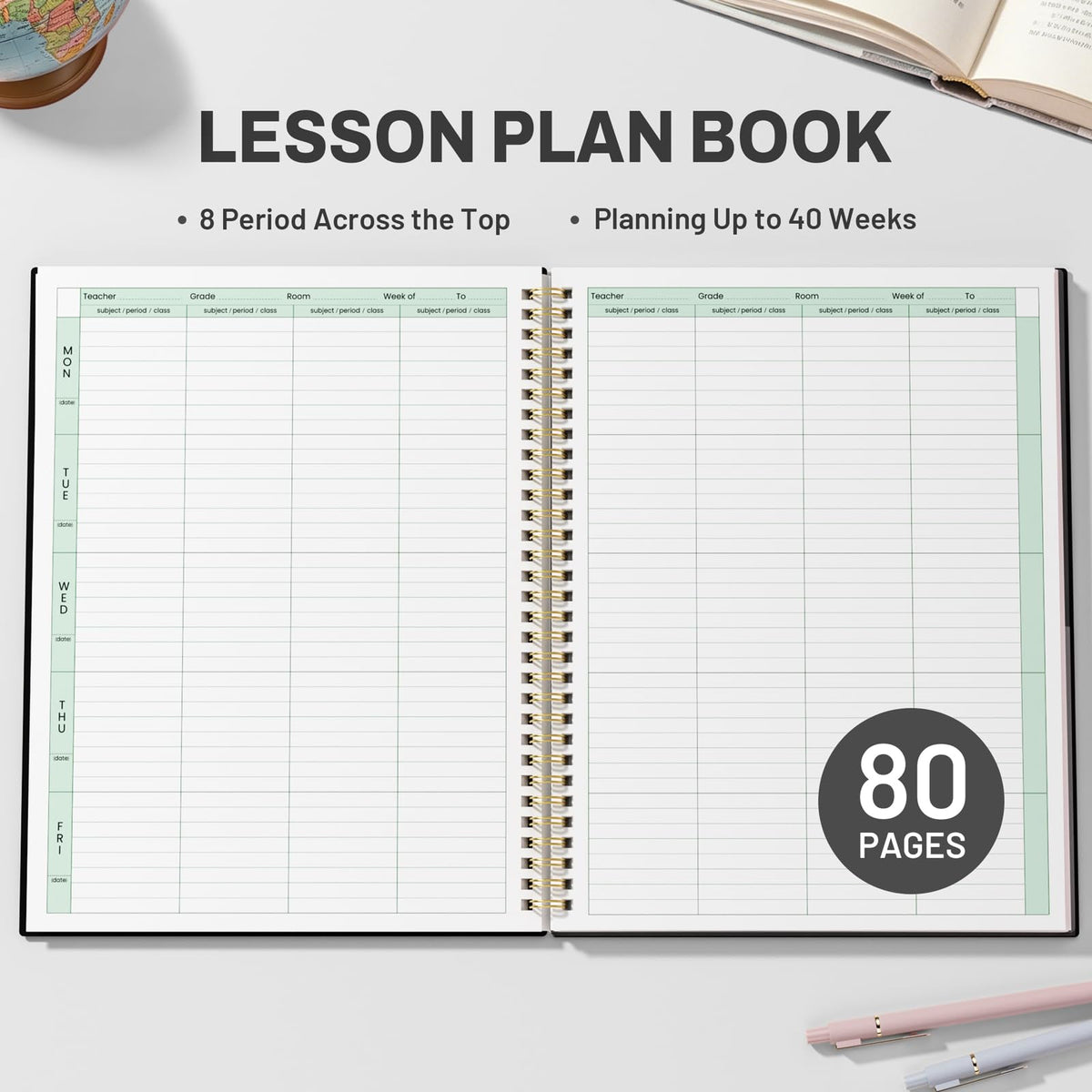 SUNEE 8 Period Teacher Lesson Plan Book - Days Vertically, Undated Teacher Planner 2026-2027 Academic Year, 8.5 x 11 Inch, 104 Pages/52 Sheets (40 Weeks), Waterproof Plastic Cover, Back Pocket, Black