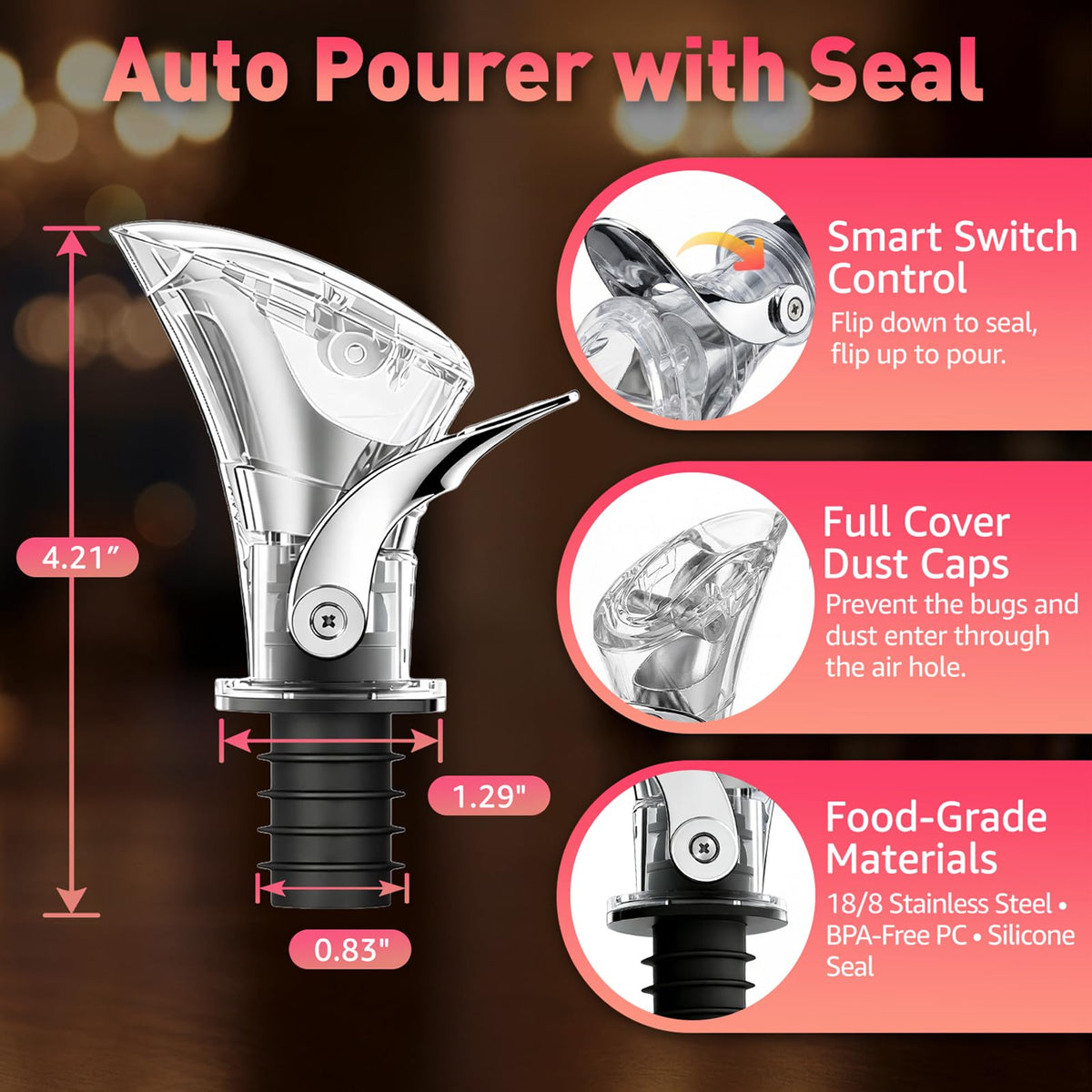 IOV Wine Bottle Pourer, Upgraded Sealing Wine Stopper with Dust Caps, Auto Flip Pourer Spout for Liquor, Olive Oil, Vinegar and Syrup, No-Drip Wine Accessories Gift for Wine Lovers