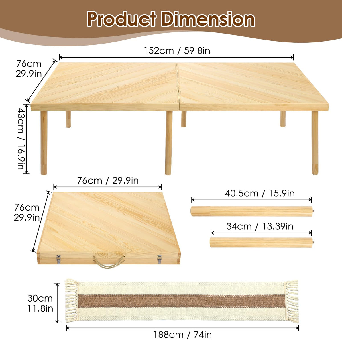 Folding Picnic Table with Table Runner, Portable Boho Low Picnic Table for Indoor Outdoor, 60" x 30" Wooden Table with Adjustable Heights for Camping, Wedding, Beach, Garden, Party(Large Size for 6)