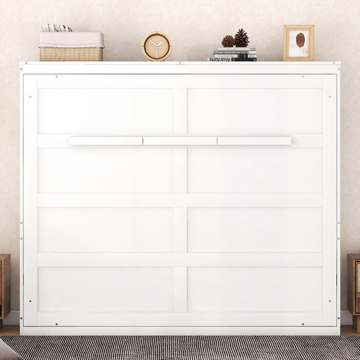 Ball & Cast Murphy Bed Queen Size,Farmhouse Murphy Cabinet with Storage Shelf,Wood Hidden Wall Bed,Foldable Platform Bed,Space-Saving,No Box Spring Needed,White