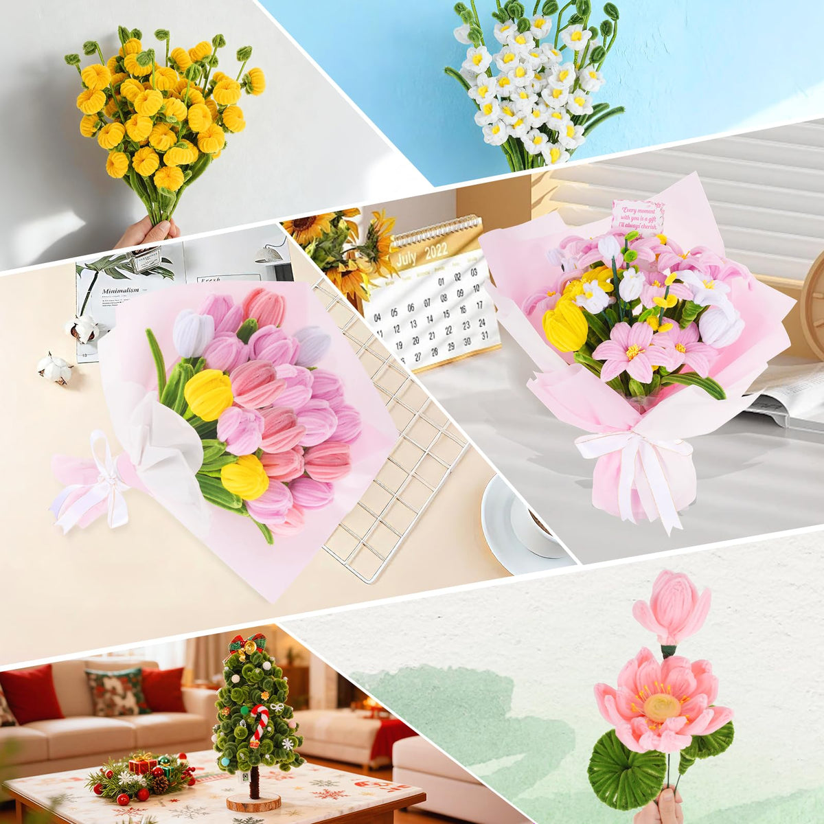 600PCS Pipe Cleaners Craft, Pipe Cleaner Bulk Flower Kit, 6 Colors Chenille Stems Flower Making Kit with Floral Wires, Gardening Tape, Stamen, Floral Wrapping Paper & Ribbon for Art and Craft Supplies