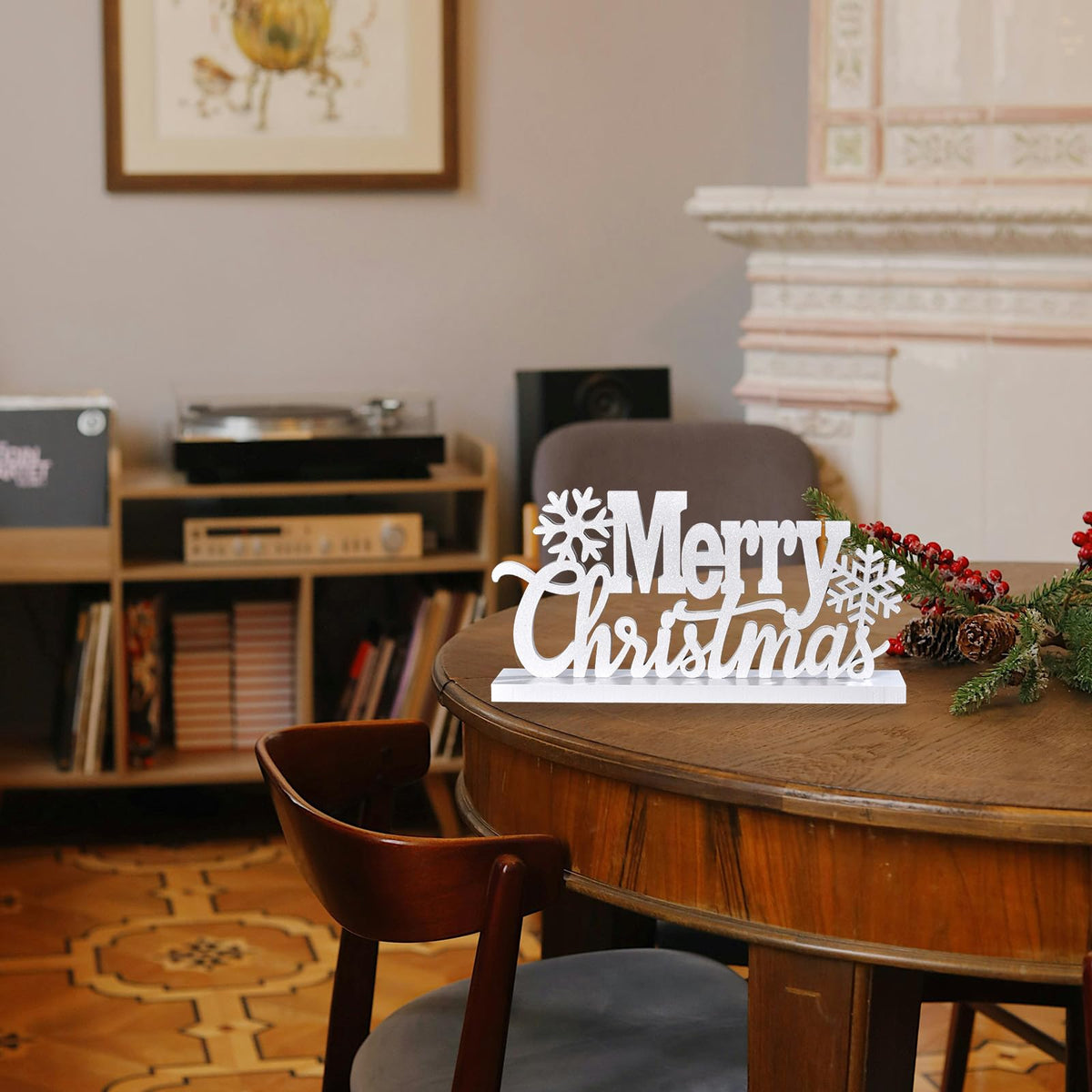 Wooden Merry Christmas Tabletop Decor, Elegant Wood Cutout with Glitter, Wooden Xmas Table Sign, Christmas Centerpiece for Xmas Party Decor for Table Tiered Tray Mantel (White)