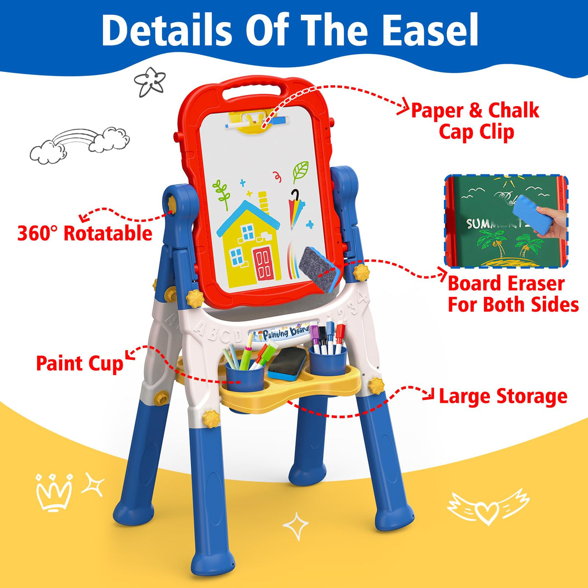Kids Easel for Toddlers Age 2-4 Art Magnetic White Board & Chalkboard Double Side Adjustable Stand Drawing Writing Learning Educational Toy for 2 3 4 Year Boys Girl Birthday Gifts