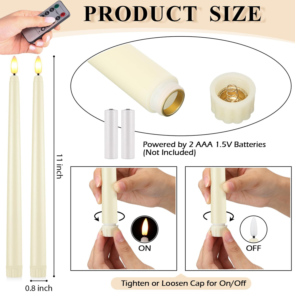 Reginary 48 Pcs Flameless Taper Candles with 4 Remote, Battery Operated Flickering Flameless Taper Candles 3D Wick Fire LED Faux Wax Lights for Wedding Christmas Holiday(Ivory,11 Inches)