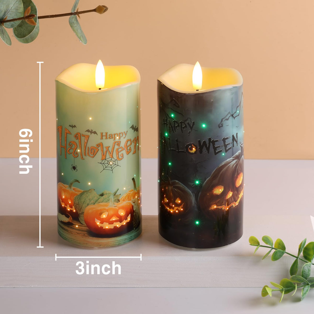 Eywamage Fiber Optic Halloween Flameless Candles, Spooky Pumpkin LED Pillar Candles with Remote, Battery Operated, Set of 2