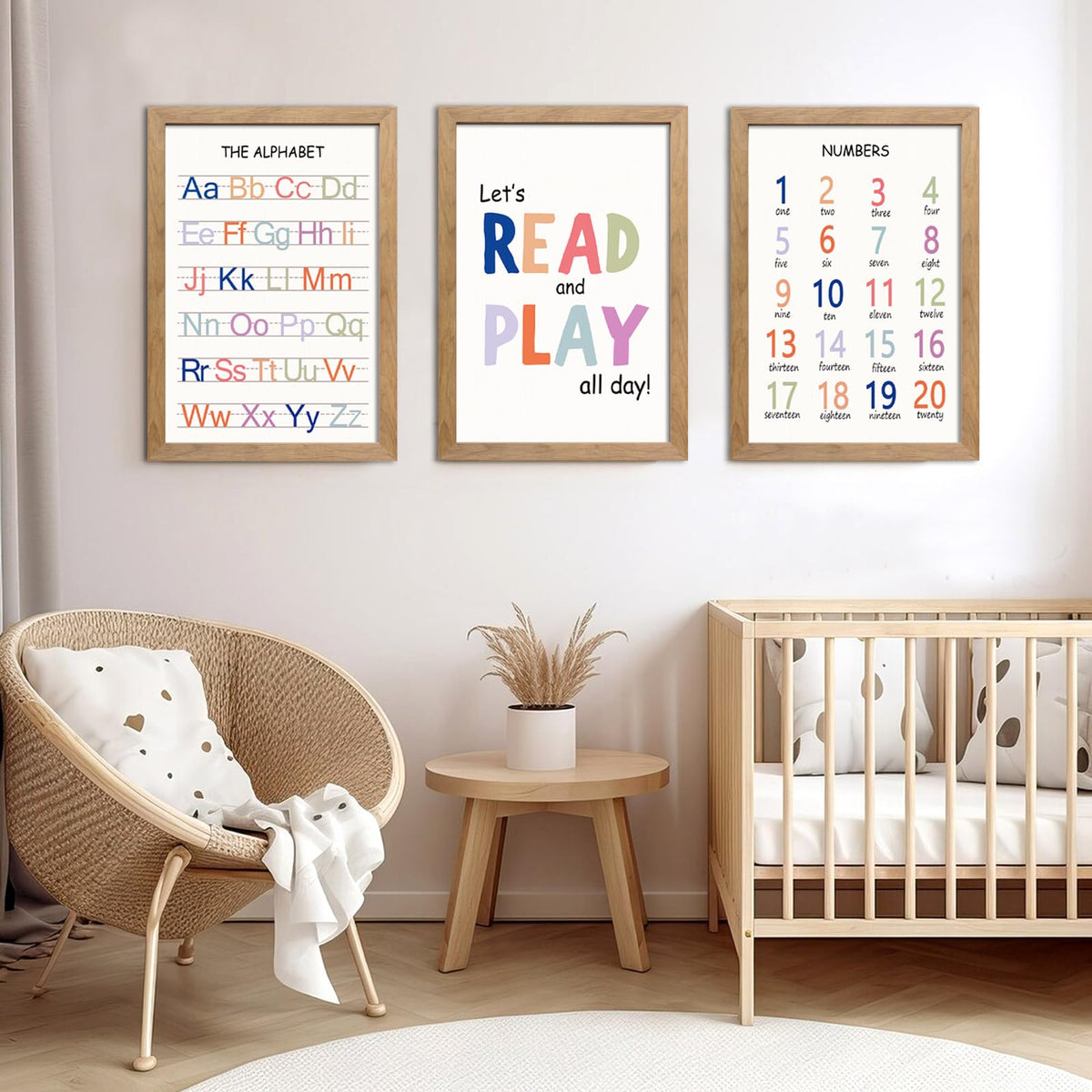 Cute Alphabet Numbers Framed Wall Art Set of 3, Boho Educational ABC Poster Wooden Sign for Baby Girl Kid Boy Toddlers, Neutral Preschool English Letters Nursery Decor for Homeschool Playroom Daycare