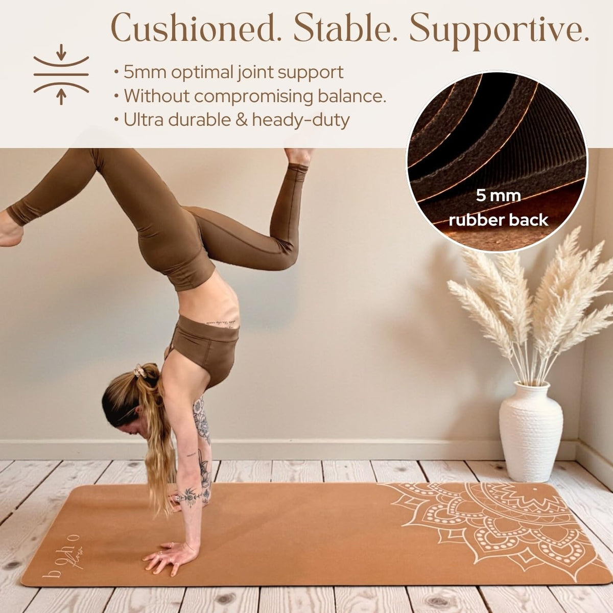 Boho Flow Aesthetic Cork Yoga Mat 72” x 26” – Elegant Signature Mandala Design on Quality Portuguese Cork with 5mm Solid Tree Rubber Base for Lasting Stability – Non Slip Grip, Odor Free and Non Toxic – Includes Carry Strap