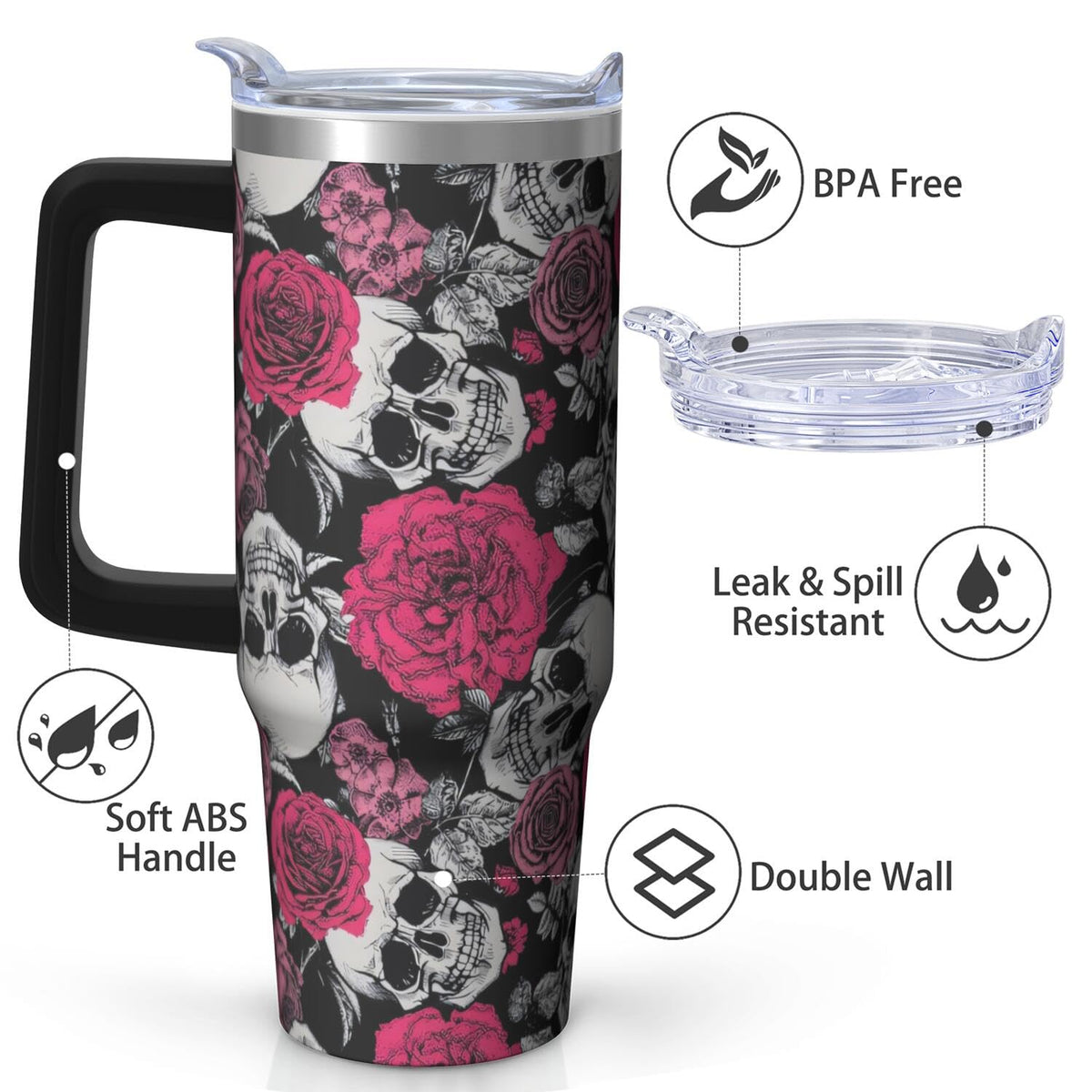 Kearscupra 30oz Skull Tumbler with Handle and Straw,Skeleton Gothic Floral Stainless Steel Insulated Cup with Lid and Straw,Travel Coffee Mug Water Bottle,Halloween Birthday Gifts for Women Men