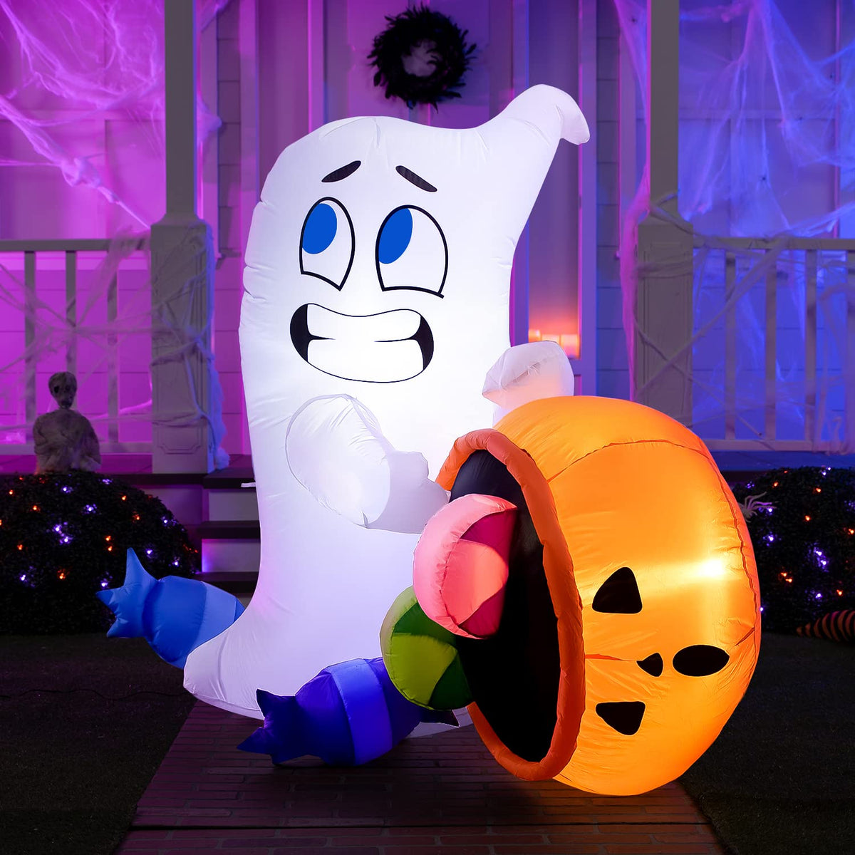 Joiedomi 5 FT Tall Halloween Inflatable Outdoor Decorations, Halloween Ghost Blow Up Yard Decorations, Inflatable Ghost with Candy Pumpkin Cauldron for Garden Decoration