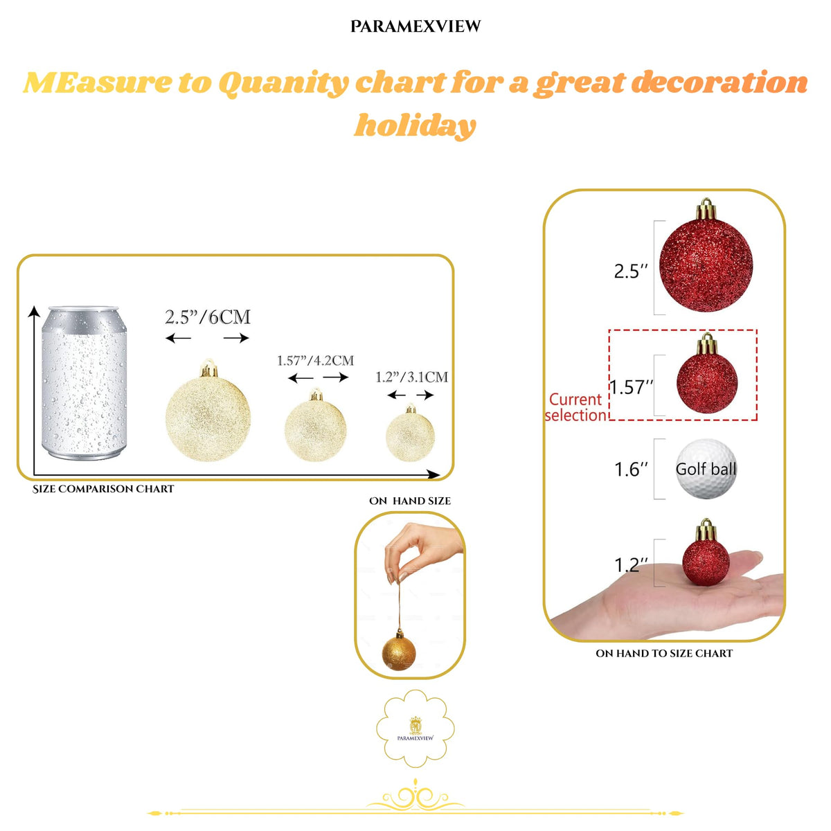 Paramexview® 24 Pcs Christmas Balls Set, 40mm/1.57" inch, Christmas Tree Hanging Shatterproof Ornaments Decoration, Pre-Hooked Hanging Balls, Seasonal Home Decoration for Trees (Gold)