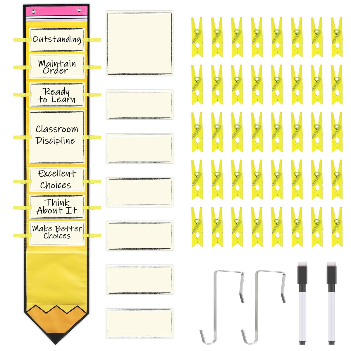 Student Behavior Chart for Classroom Management Pencil Shape Kids Track Reward Incentive Chart Hanging Creative Bulletin Board with 40 Clips for Home Preschool Daycare Back to School Teacher Supplies