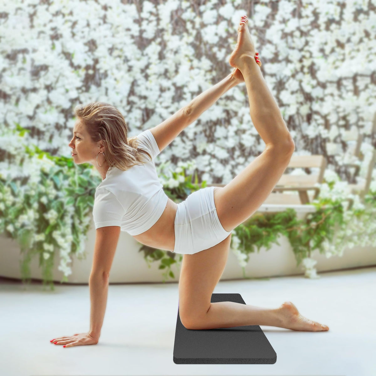 HASSLICKIT Yoga Knee Pad Cushion, 24 x 9.8 x 0.8 in Thick Mini Yoga Mat, Odor-Free NBR Workout Mat with Storage Strap, Small Exercise Mat for Yoga, Pilates, Kneeling, Planks & Home Gym, Black
