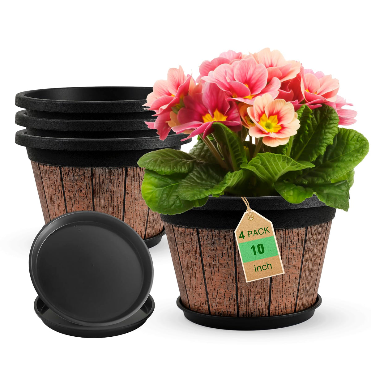 Quarut 4 Pack 10 inch Plant Pots,Upgrade Whiskey Barrel Planters with Drainage Holes & Saucer,Plastic Decoration Flower Pots Retro Design,Planters for Outdoor Indoor Garden Home Plants (Brown)