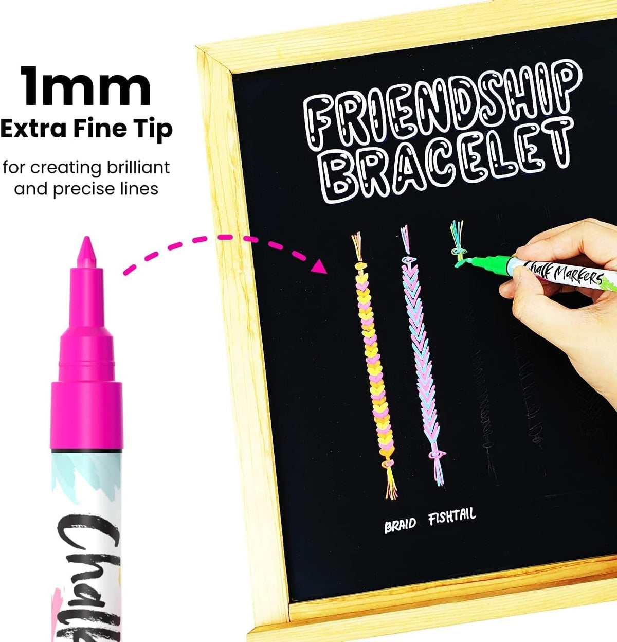 Chalk Markers Fine Tip (10 Pack, 1mm Extra Fine Point) - Neon Liquid Chalk Pens for Blackboards, Chalkboard, Bistro, Car Windows, Dry Erase Boards, Glass - Thin, Wet Erase, Erasable Chalkboard Markers