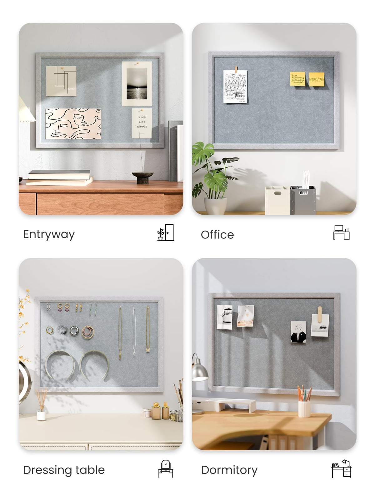 Fluxynara Foldable Cork Board Alternative, Felt Bulletin Board 23.6" x 17.5" Soft Gray Frame with 12 Adhesive Tabs, Pin Board for Home Office, Classroom, Entryway, Kitchen Wall Decor—Blue Gray