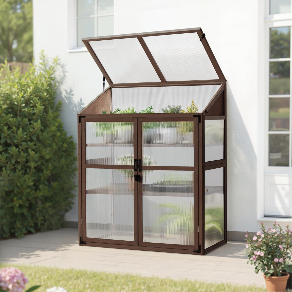 Macrout Cold Frame Greenhouse, Large Wooden Greenhouse Cabinet, Garden Cold Frame with Adjustable Shelves for Outdoor Indoor Use, 1344 (Brown)