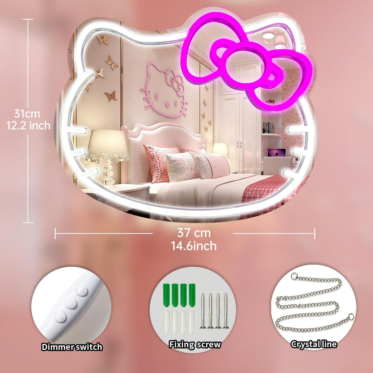MCJSGSP Anime Hello Kit Mirror with Light Neon Signs for Wall Decor, Teen Girl Gift，Makeup Mirror neon Sign Room Decor (14.6 * 12.2 inch)