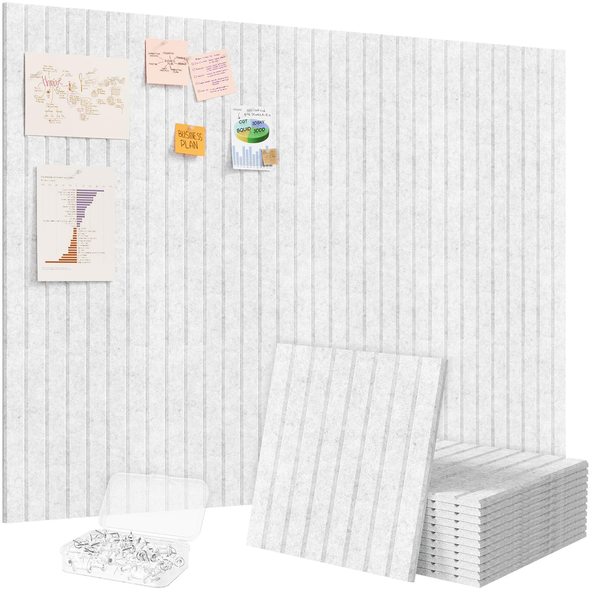 Lifewit Felt Slatted Bulletin Board, 12 Pack Self-Adhesive Panel, 48"x 36" Total Size, Cork Board Alternative, Pin Message Board with 30 Pushpins for Room and Office Decor, Home, Dorm, Gray