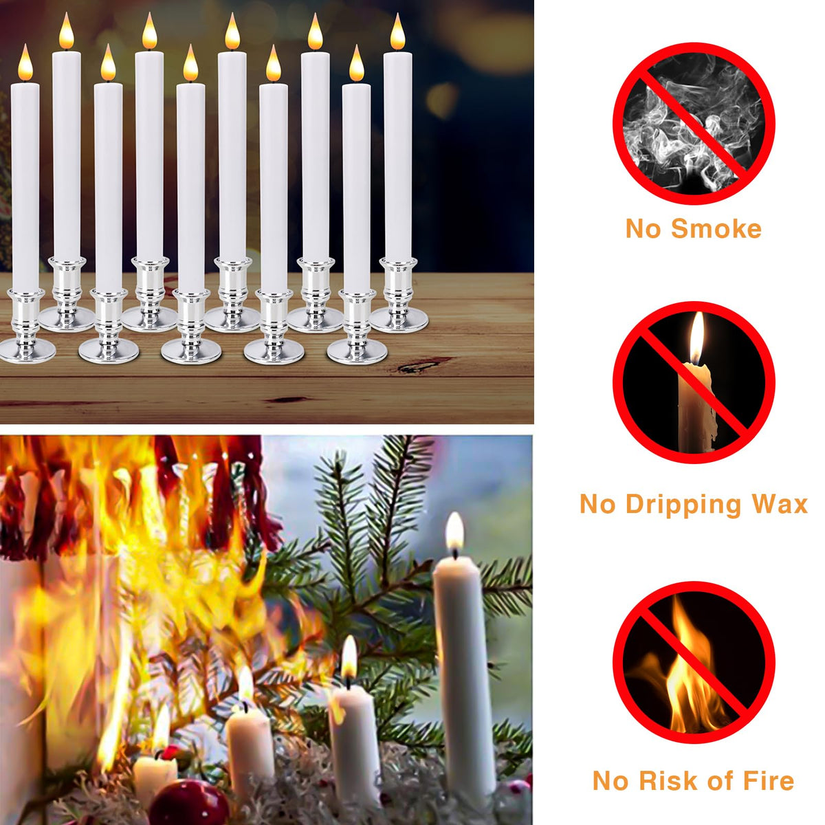 Bolamp LED Flameless Window Candles with Remote Timer Sliver Base 10 PCS Battery Operated Flickering Taper Candle Lights with Removable Candle Holders Best Gift for Xmas Wedding Home Dinner Décor