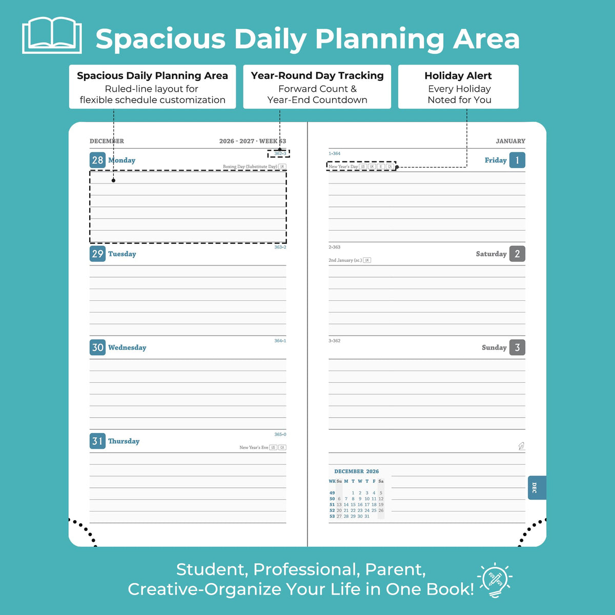 IN-LUXPRO Planner 2026-2027 Daily Weekly and Monthly,6.5"x3.75",18 Months Spiral Bound Calendar Agenda with Self-adhesive Pen Holder,2026 Academic Plan with Vegan Leather Soft Cover,Light Blue