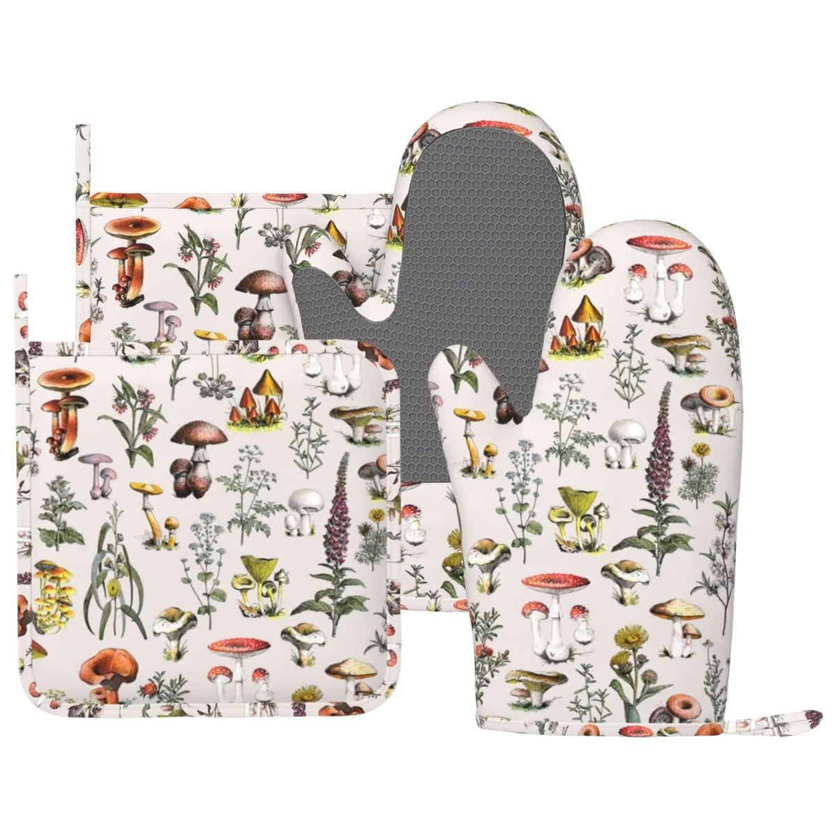CEVIOLINRE Vintage Botanical Oven Mitts and Pot Holders Set Silicone Heat Resistant Plants Herbs Mushroom Kitchen Gloves Set Nature Floral Kitchen Mittens Pot Holders for BBQ Cooking Baking Grilling