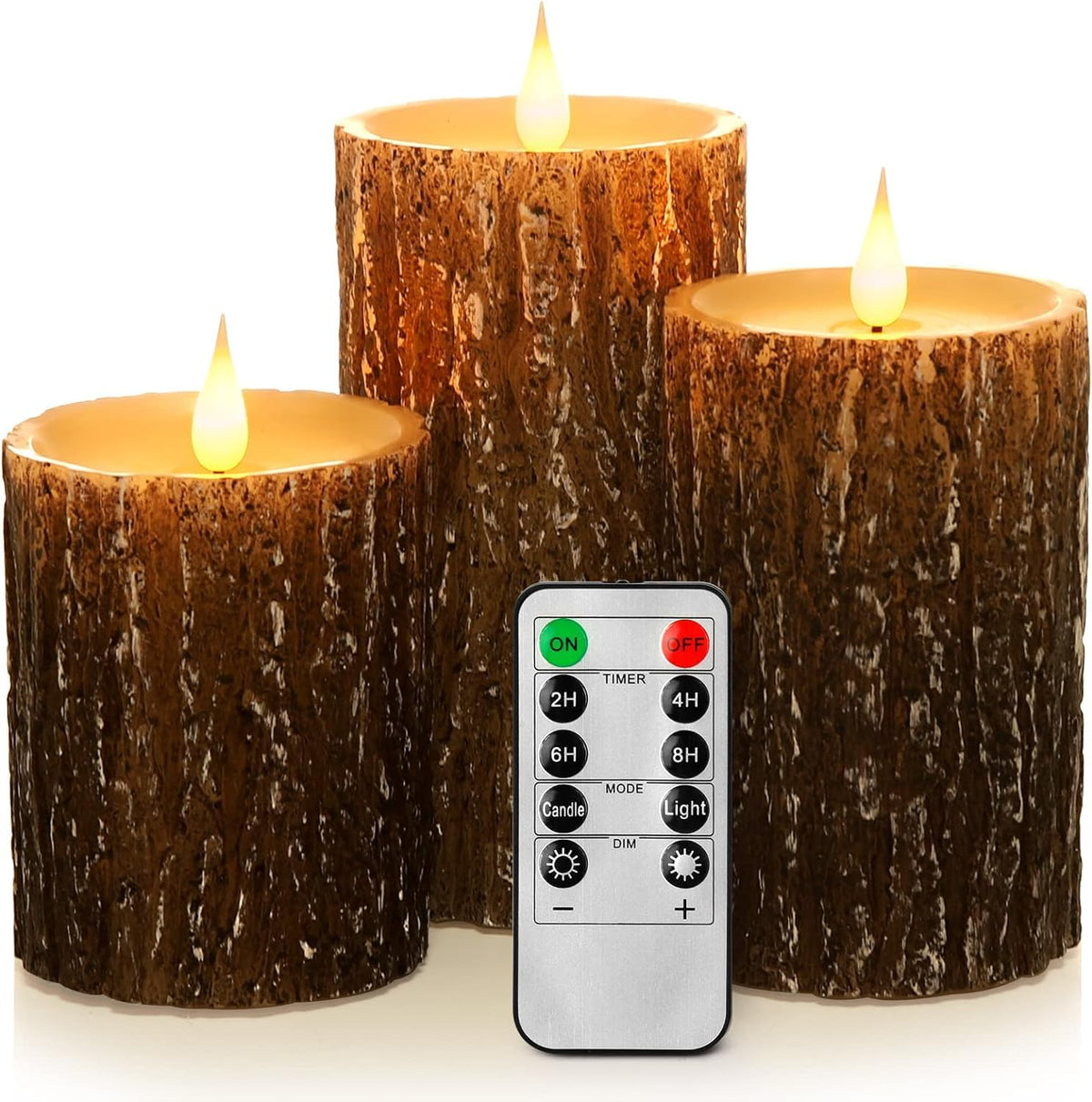 AKU TONPA Pine Bark Effect Flameless Candles Battery Operated Pillar Real Wax Flickering Electric LED Candle Sets with Remote Control Cycling 24 Hours Timer, 3" x 4" 5" 6" Pack of 3