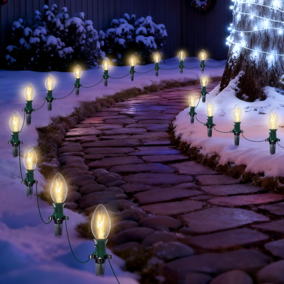 38FT C9 Christmas Pathway Lights Outdoor,25 Pack Warm White Connectable Weatherproof Christmas Walkway Lights with C9 Bulbs and Stakes for Driveway Yard Lawn Sidewalk Decorations