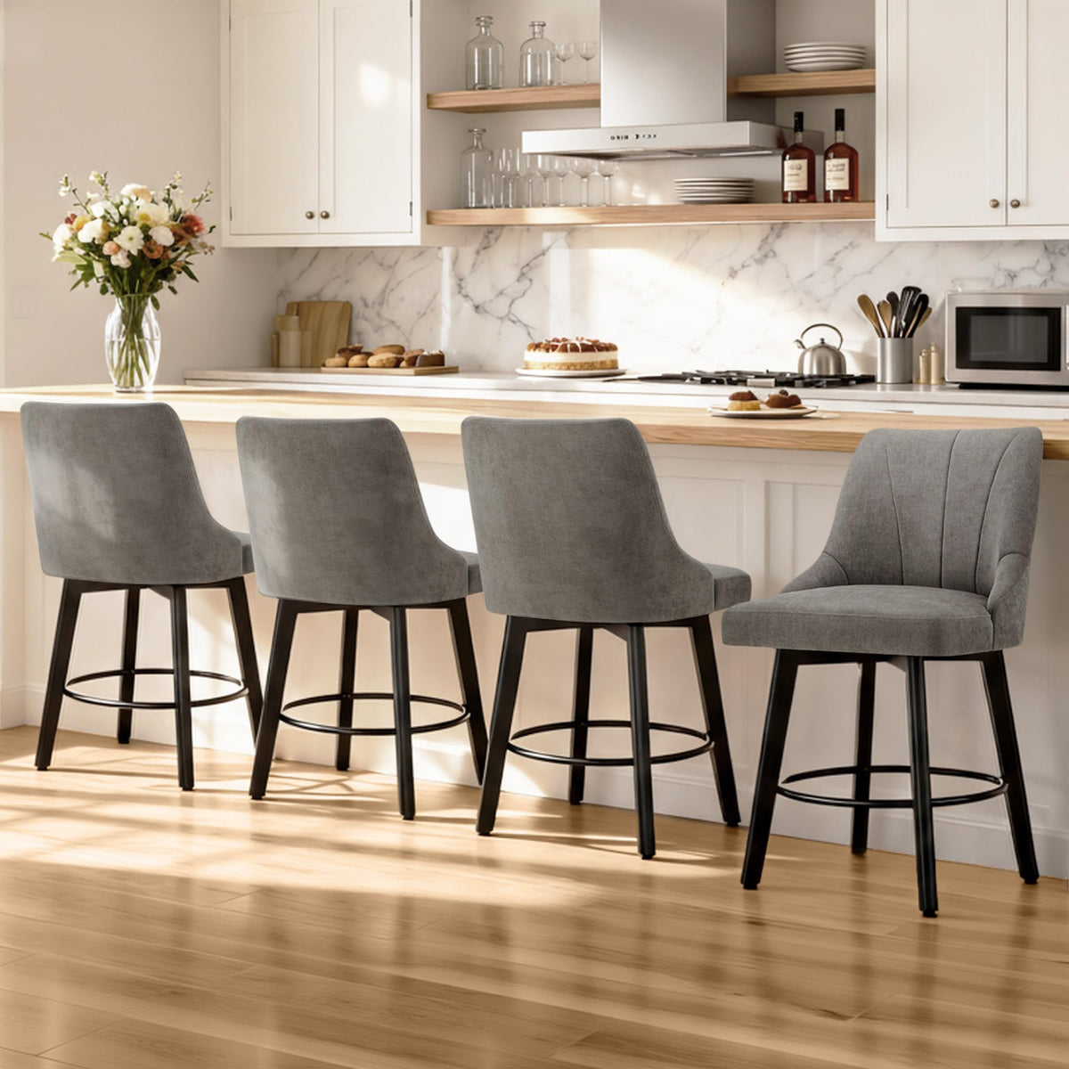 24" Counter Height Bar Stools Set of 4, Swivel Bar Stools with Backs, Fabric Upholstered Counter Barstools with Solid Wood Legs for Kitchen Island,Grey